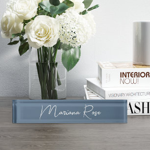 Harbor Blue Elegant Handwritten Script Desk Name Plate