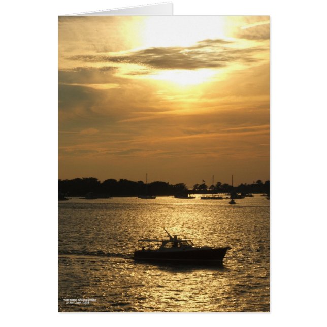 Harbor boat scene late evening sun behind clouds cards (Front)