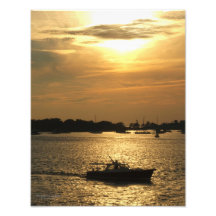 Harbor Boat Scene Late Evening Sun Behind Clouds