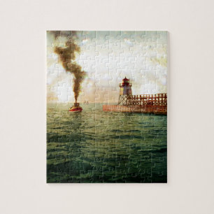 Harbor entrance, Charlevoix, Michigan circa 1900 Jigsaw Puzzle