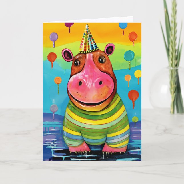 Harbor Fest Hippo: Cute Kids Birthday Card (Front)
