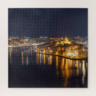 Harbor in Malta illuminated at night Jigsaw Puzzle