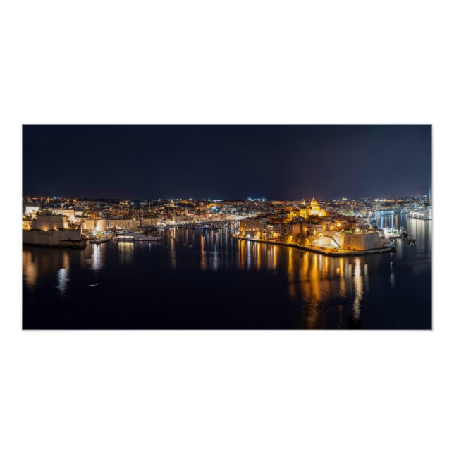 Harbor in Malta illuminated at night Poster (Front)