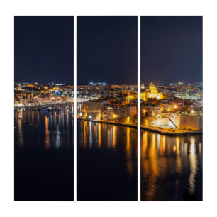 Harbor in Malta illuminated at night Triptych