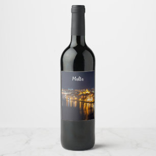 Harbor in Malta illuminated at night Wine Label