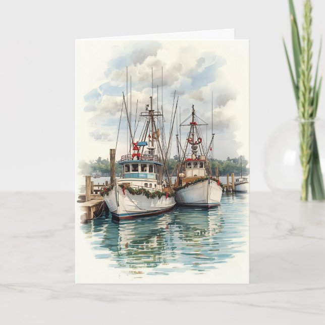 Harbor Lights Holiday – Coastal Boats Card (Front)