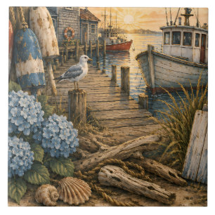 Harbor Morning Club Coastal Lighthouse Ceramic Tile