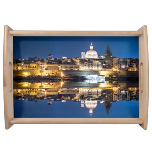 Harbor of Valletta old town at night Serving Tray