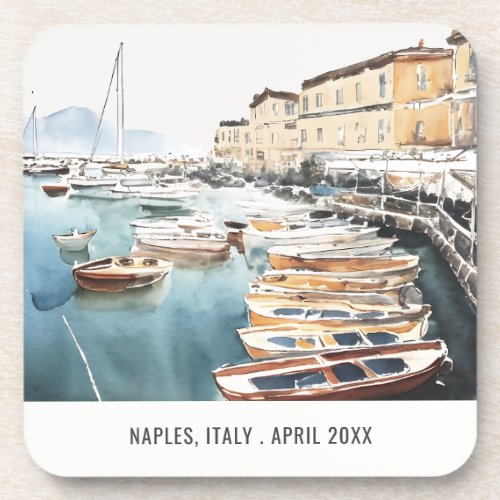 Harbor Santa Lucia Naples Italy Watercolor Travel Beverage Coaster