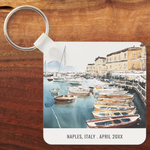 Harbor Santa Lucia Naples Italy Watercolor Travel Keychain