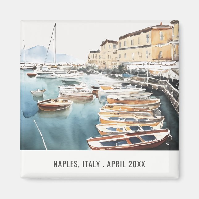 Harbor Santa Lucia Naples Italy Watercolor Travel Magnet (Front)