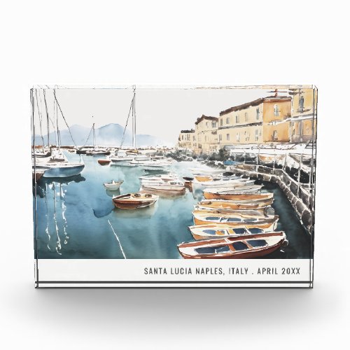 Harbor Santa Lucia Naples Italy Watercolor Travel Photo Block