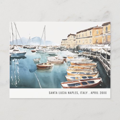 Harbor Santa Lucia Naples Italy Watercolor Travel Postcard