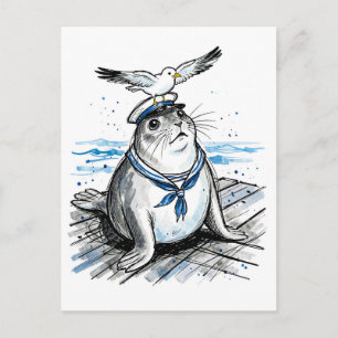 Harbor Seal with Seagull in Marine Ink Illustratio Postcard
