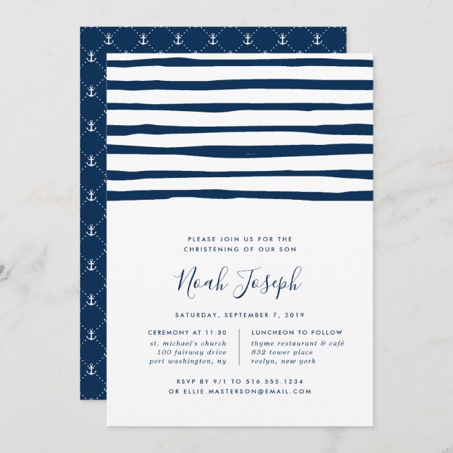 Harbor Stripe Christening or Baptism Invitation (Front/Back)