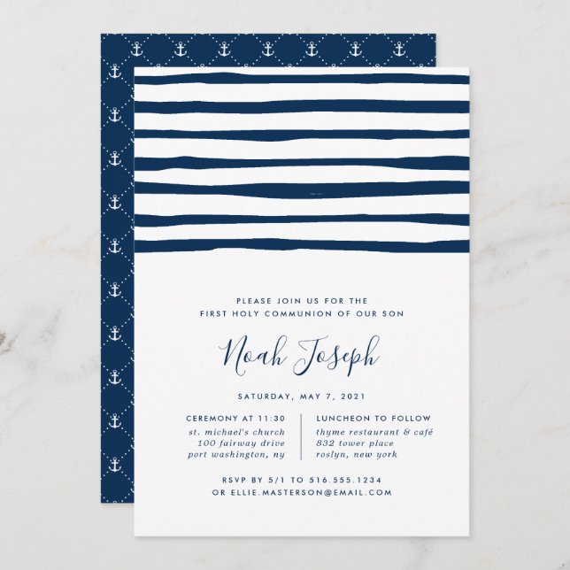 Harbor Stripe First Holy Communion Invitation (Front/Back)