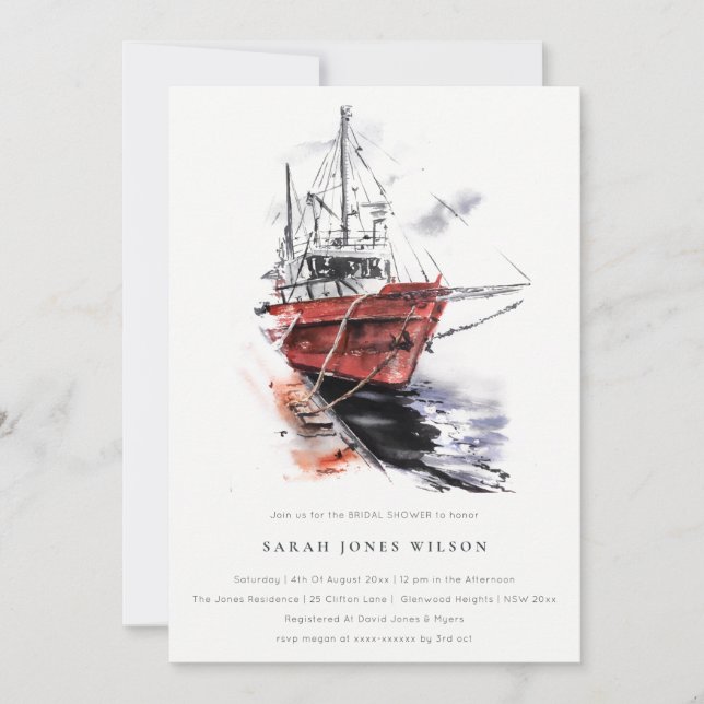 Harbor Yacht Sailboat Watercolor Bridal Shower Invitation (Front)