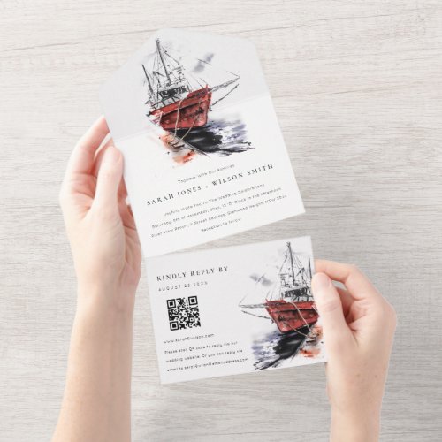 Harbor Yacht Sailboat Watercolor Wedding QR Code All In One Invitation