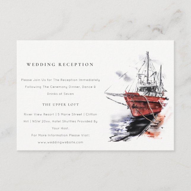 Harbor Yacht Sailboat Watercolor Wedding Reception Enclosure Card (Front)