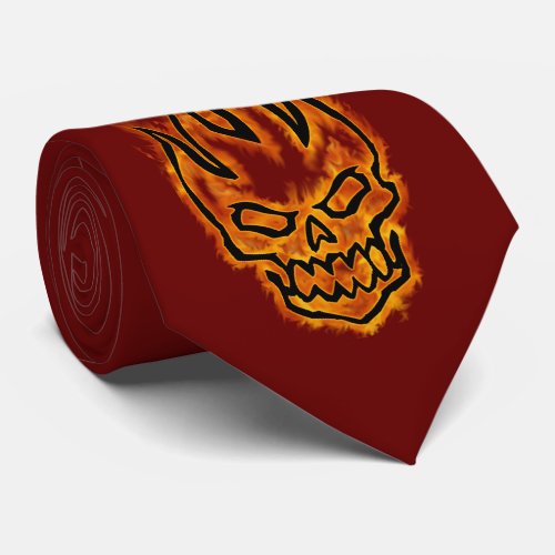 Hard Core Flaming Skull Burgundy Two_side printed Neck Tie