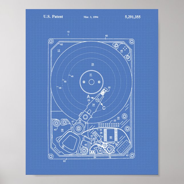 Hard Disk Drive 1994 Patent Art Blueprint Poster (Front)