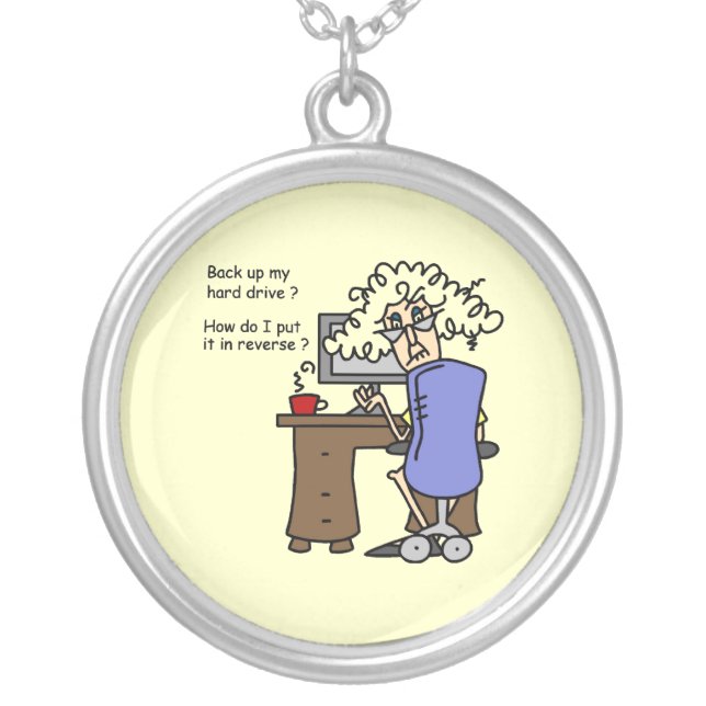 Hard Drive Back Up Humorous Silver Plated Necklace (Front)