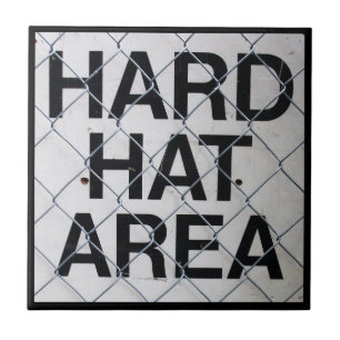 Hard Hat Area Sign under Chain-Link Fence Ceramic Tile