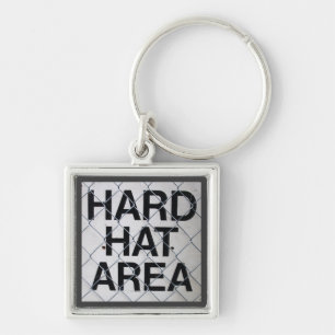 Hard Hat Area Sign under Chain-Link Fence Keychain