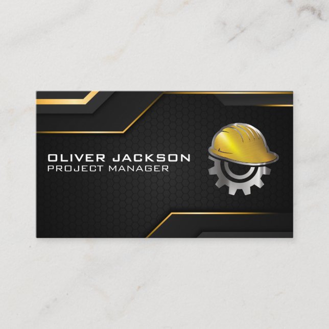 Hard Hat Gear Logo | Black Gold Background Business Card (Front)