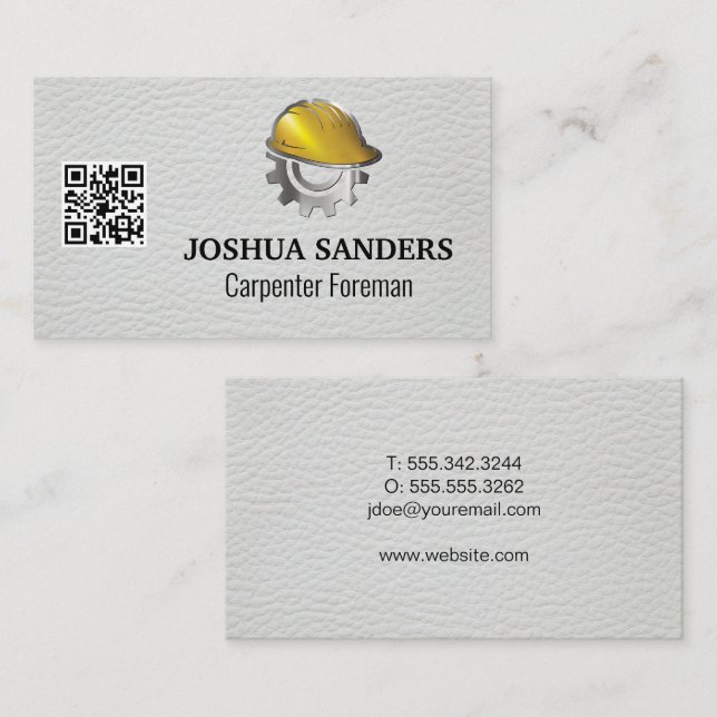 Hard Hat Gear Logo | White Leather | QR Code Business Card (Front/Back)