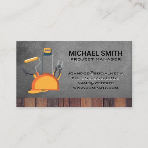 Hard Hat  Tools  Wood Leather Background Business Card