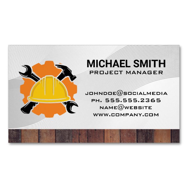 Hard Hat | Wrench Hammer | Construction Business Card Magnet (Front)