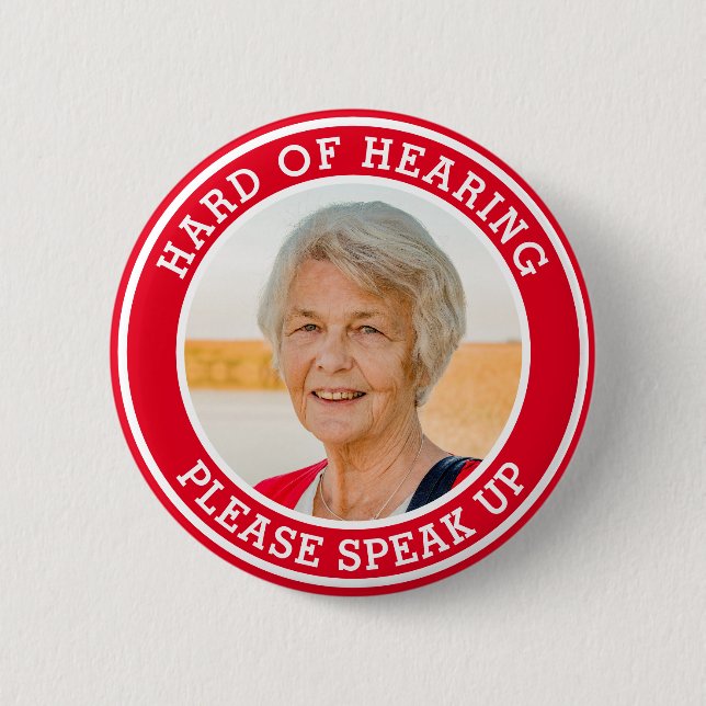 Hard of Hearing Womens Red Text Photo  Button (Front)
