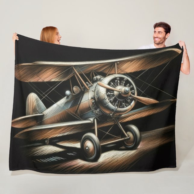 Hard Pastel Antique Biplane Aeroplane Airplane Fleece Blanket (In Situ)