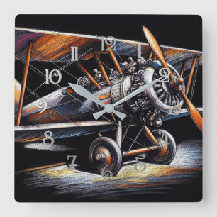 Hard Pastel Antique Biplane Aeroplane Airplane Square Wall Clock