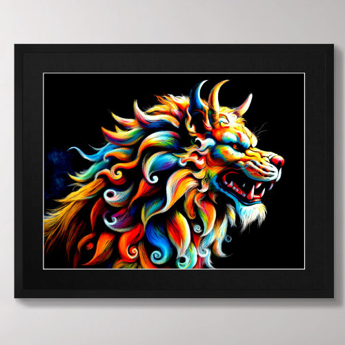 Hard Pastel Drawing Chinese Foo Dog Colorful Poster