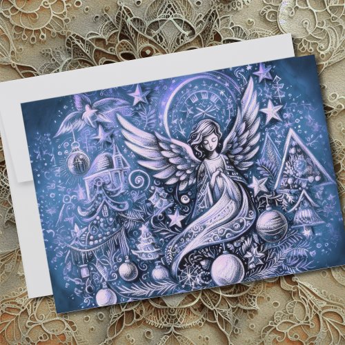 Hard Pastel Drawing Christmas Angel Blue Card