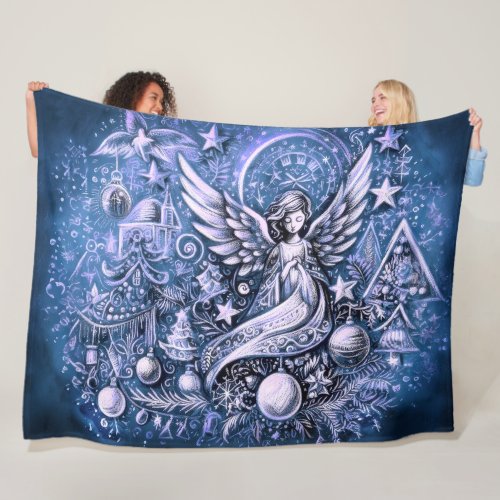 Hard Pastel Drawing Christmas Angel Blue Fleece Blanket