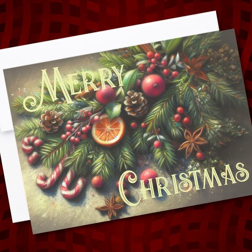 Hard Pastel Drawing Christmas Holiday Greenery Card
