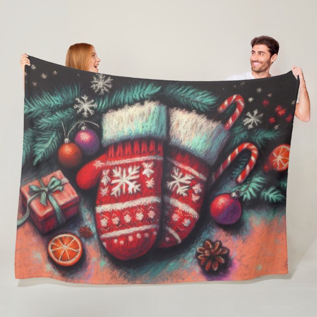 Hard Pastel Drawing Christmas Holiday Mittens Fleece Blanket (In Situ)