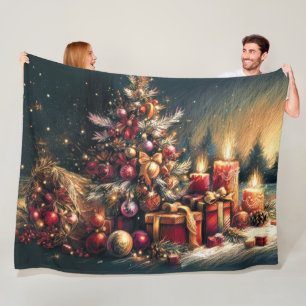 Hard Pastel Drawing Christmas Holiday Tree Candles Fleece Blanket