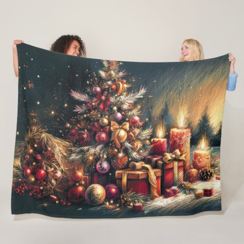 Hard Pastel Drawing Christmas Holiday Tree Candles Fleece Blanket