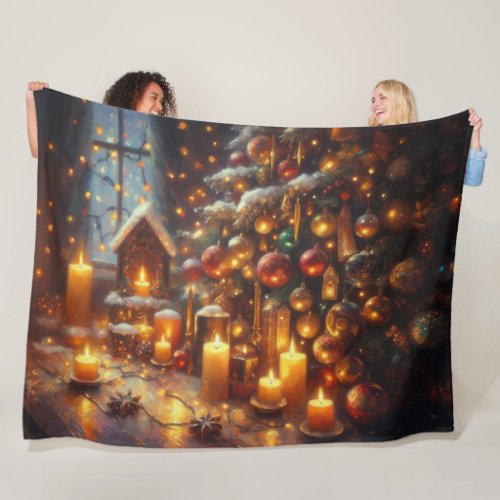 Hard Pastel Drawing Christmas Holiday Tree Candles Fleece Blanket