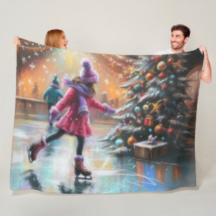 Hard Pastel Drawing Christmas Ice Skating Fleece Blanket
