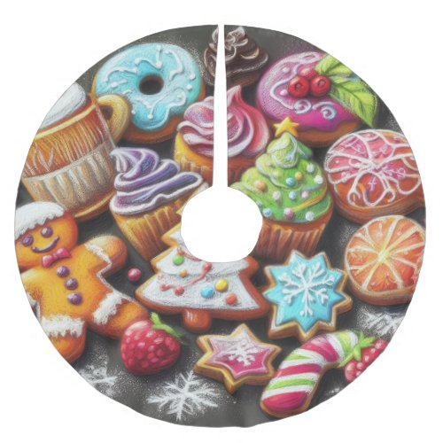 Hard Pastel Drawing Christmas Motif Holiday Cookie Brushed Polyester Tree Skirt