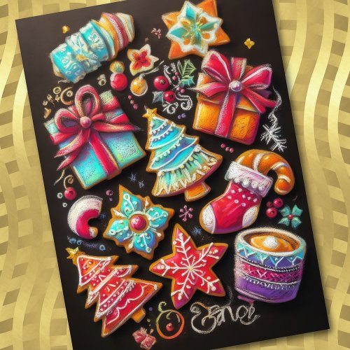 Hard Pastel Drawing Christmas Motif Holiday Cookie Card