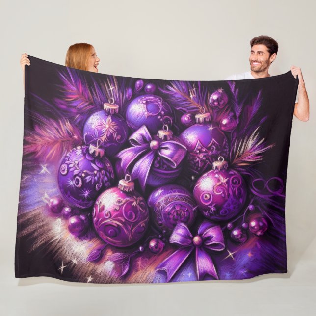 Hard Pastel Drawing Christmas Motif Holiday Purple Fleece Blanket (In Situ)