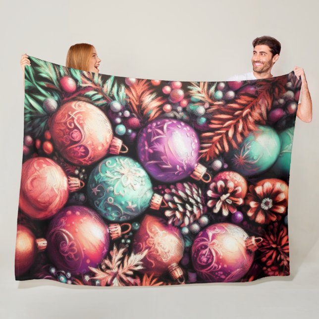 Hard Pastel Drawing Christmas Motifs Purple Peach Fleece Blanket (In Situ)