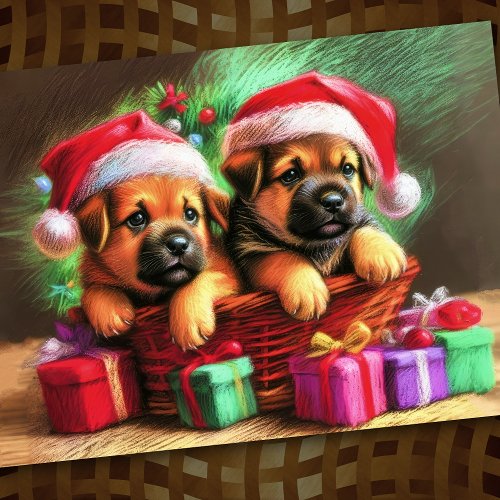 Hard Pastel Drawing Christmas Puppies Card