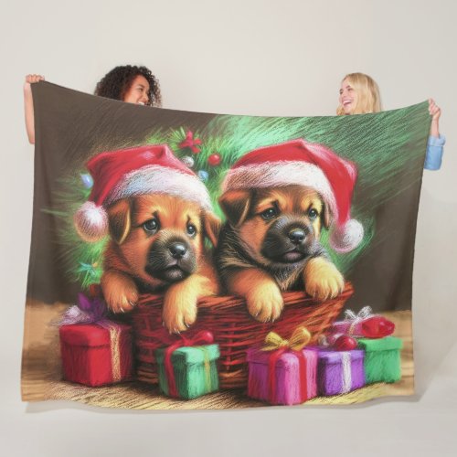 Hard Pastel Drawing Christmas Puppies Fleece Blanket